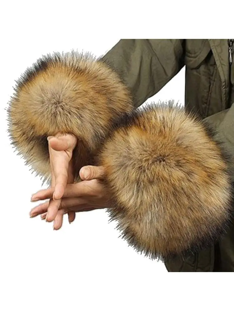 1 Pair Faux Fur Oversleeve Cuff Winter Warm Wristbands Elegant Women Parkas Wrist Gloves Sleeve Cuff Cover for Coat