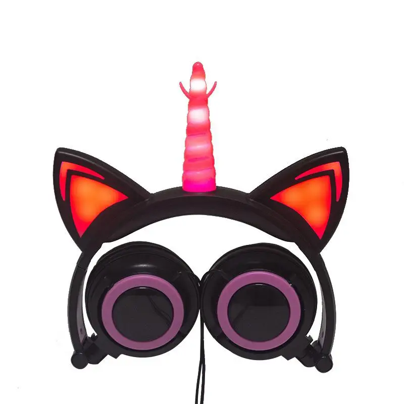 EastVita Cute Kids Cat Ear Wired Foldable Earphones Cat Ear Flashing LED Kids Headphones for boys and girls