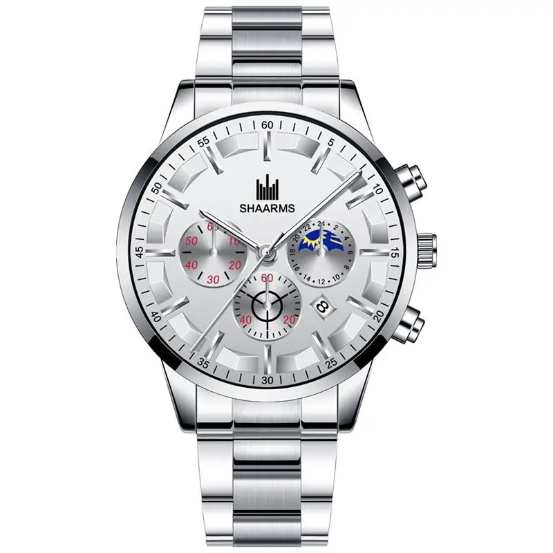 Sharms Модные мужские серебряные часы из нержавеющей стали аналоговые кварцевые часы новый дизайн Роскошные деловые мужские наручные часы