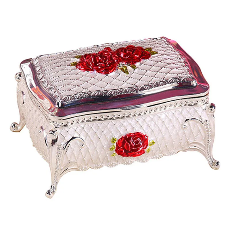 Classic Metal Jewelry Box Antique Tin Rectangle Jewelry Box Treasure Storage Organizer Chest with Rose Pattern Gift