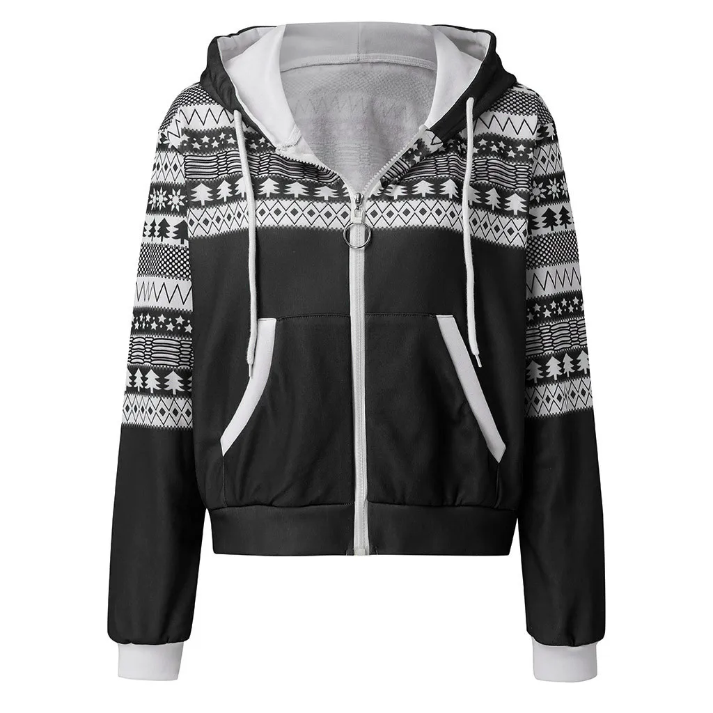  Womail Women Sweatshirt Fashion Hoodies Sweatshirt Christmas Snowflake print 2019 Autumn Zip-Up Lon