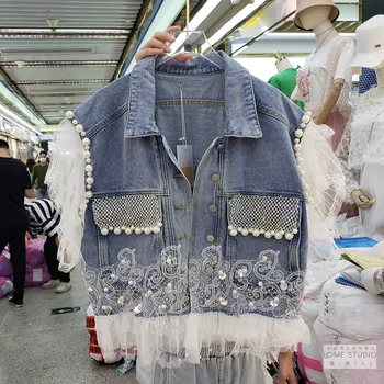 

European Style Denim Vest for Women Spring and Summer New Beaded Diamond Lace Stitching Denim Waistcoat Coat Chalecos Mujer