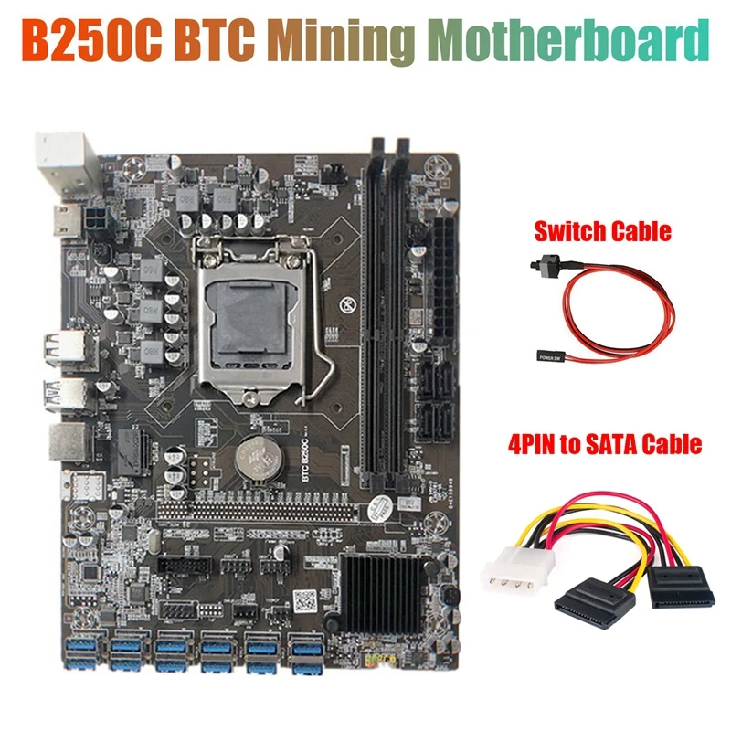 B250C Mining Motherboard with 4PIN to SATA Cable+Switch Cable 12 PCIE USB3.0 GPU Slot LGA1151 Support DDR4 RAM | Компьютеры и офис