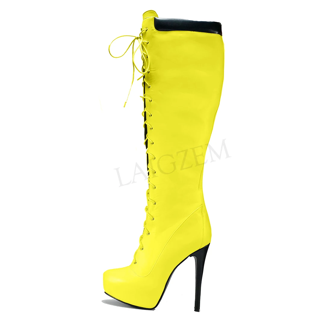 LAIGZEM/Высота платформы по колено; сапоги на высоком каблуке-шпильке; зимние расклешённые сапоги на заказ; женская обувь; Botines Mujer; большие размеры 50, 51, 52 - Цвет: LGZ540-1 Yellow