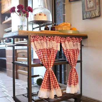 

Free Shipping Lovely Red Grid Half Curtain Lace Coffee Curtain Kitchen Short Curtain Small Curtain Home Window Closet Decoration