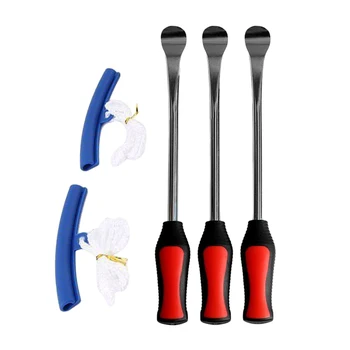 

5 in 1 Tire Changing Set Tire Spoon Lever Tools Rim Protector Sheaths for Motorbike (3 Tools and 2 Blue Protectors) 0