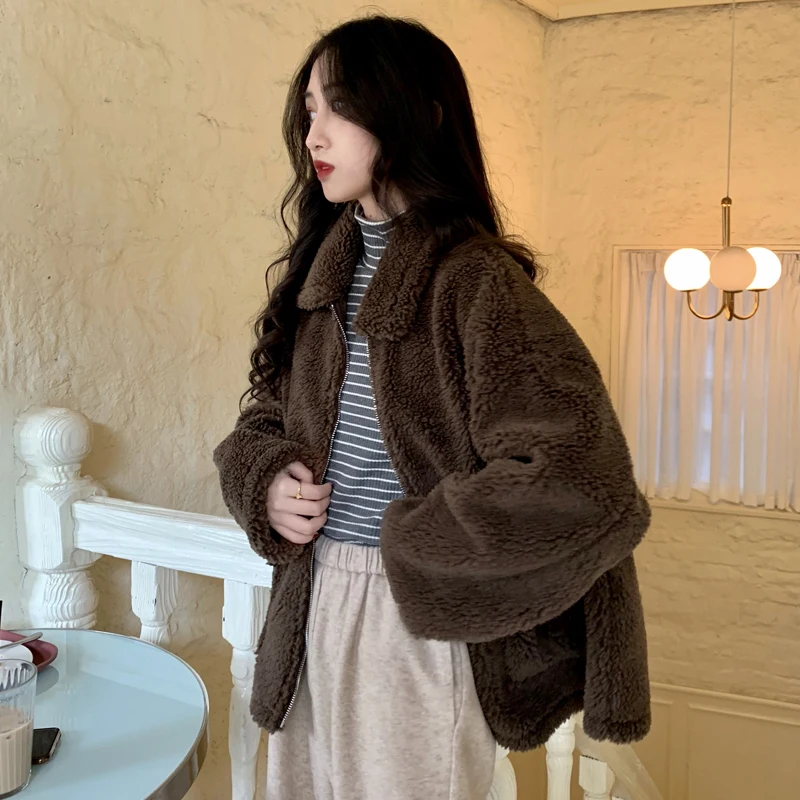 2 colors 2019 autumn and winter korean style turn down collar solid color lamb wool warm coats jackets womens (C2126) | Женская одежда