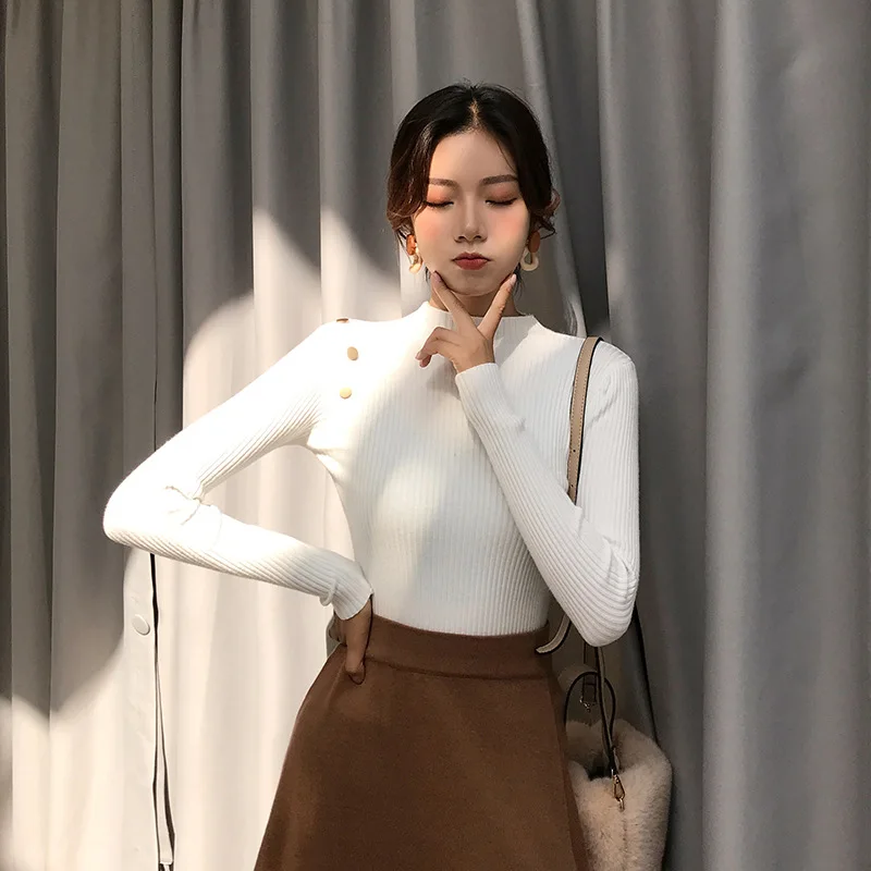 Белый Autumn winter new solid interior sweater tight half high collar button long sleeve knitwear women's slim Pullover sweater - Цвет: Белый