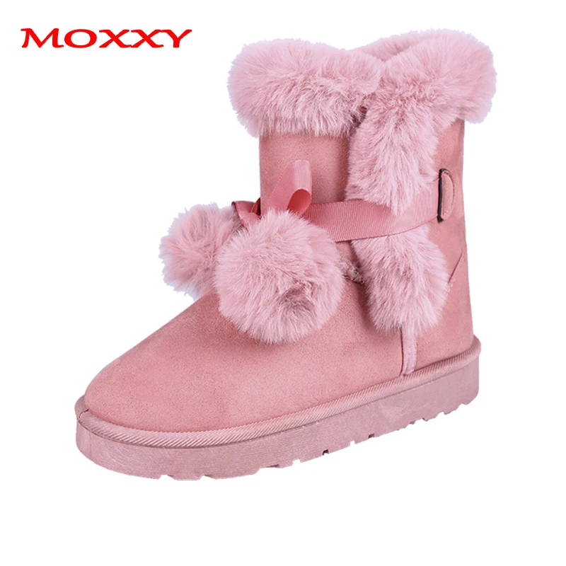 

2019 New Russia Winter Boots Warm Plush Snow Boots Flat Heel Fur Ball Bow Soft Comfort Platform Pink Furry Boots Women Shoes