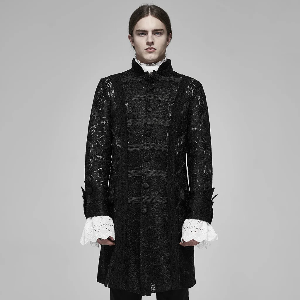 

PUNK RAVE Men's Gothic Palace See-through Jacquard Long Coat Retro Pattern Lace Mesh Stand Collar Party Evening Outwear