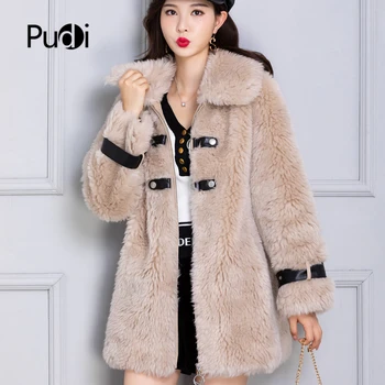 

PUDI TX107201 women winter 100% real wool fur inside warm jacket coat lady Long coat jacket over size parka