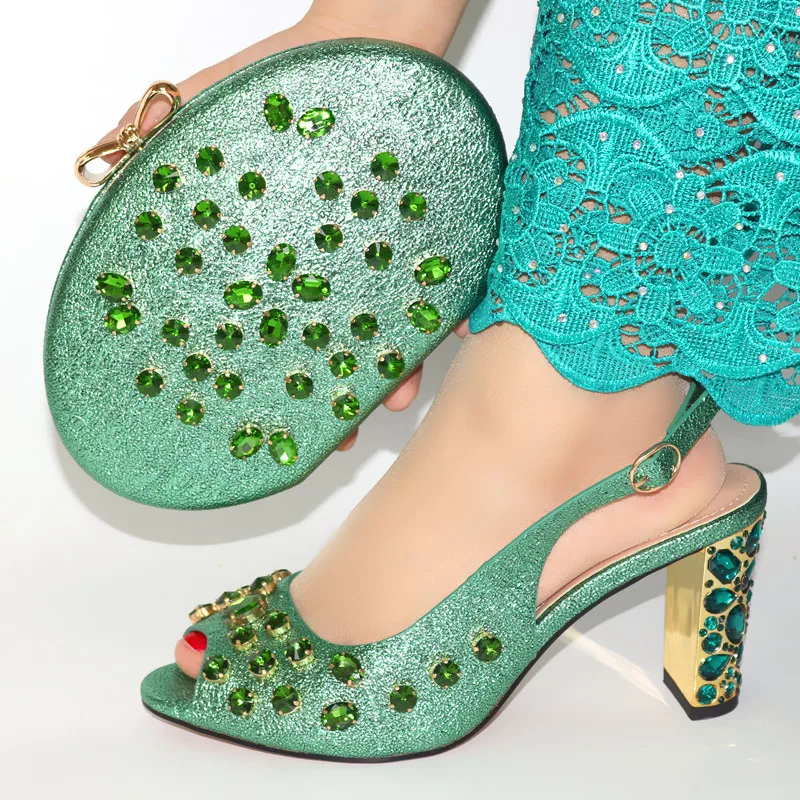 

Nice looking teal women pumps with big green crystal decoration african dress shoes match handbag set VC107,heel 9CM