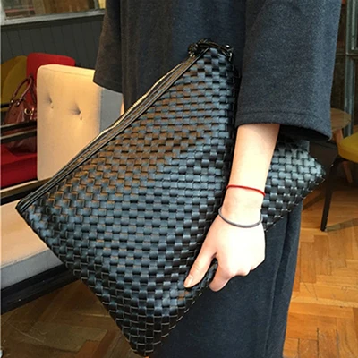 black large Вязаный конверт, сумки через плечо из искусственной кожи, сумка-мессенджер на плечо, женские элегантные модные клатчи, мужской большой кошелек - Цвет: black large