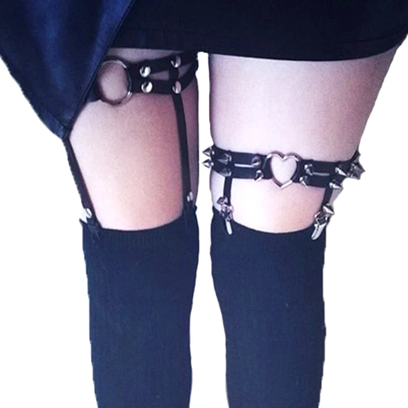 Jurxy 1 Pair Gothic Studded Heart Garters Leg Ring Leg Elastic Punk Harness Garter Belt Adjustable Suspender with 2 Metal Clips Black