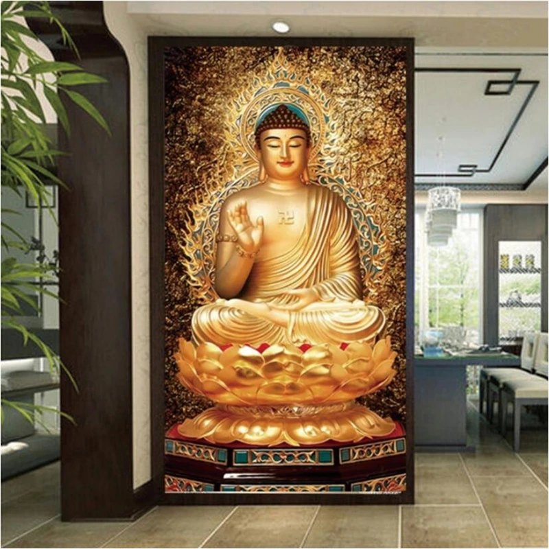 

Пользовательские обои 3d, статуя Будды, Золотой декоративный фон в китайском стиле с изображением крыльца, фотообои