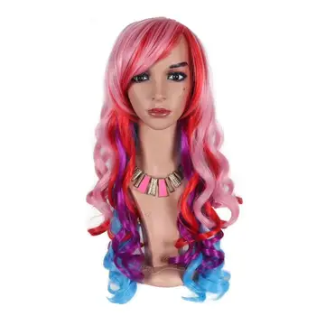 

Synthetic Body Wave Wig Highlight Red Pink Purple Blue 4 Colors Wig With Bangs Long Wavy High Temperature Fiber Wigs Cosplay