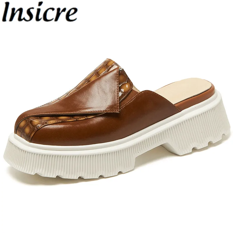 

Insicre Mules Cow Leather Platform 2021 Summer Thick High Heel Shoes Round Toe Patchwork Women Pumps Brown Full Genuine Leather