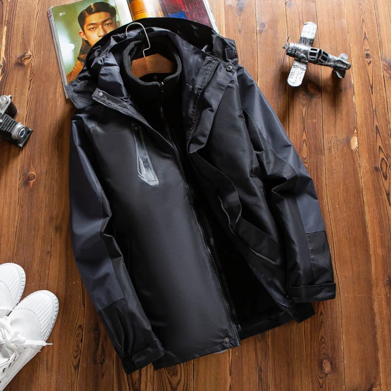 Зимняя мужская женская куртка 3 в 1 для альпинизма, ветронепроницаемая Толстая мягкая оболочка для кемпинга, уличная ветровка, Мужская одежда для охоты - Цвет: Черный