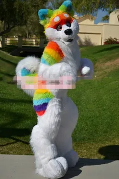 Preise Regenbogen Husky Hund Wolf Maskottchen Kostüm Fursuit Anzüge Cosplay Party Kleid Outfits Kleidung Förderung Halloween Weihnachten Ostern Erwachsene