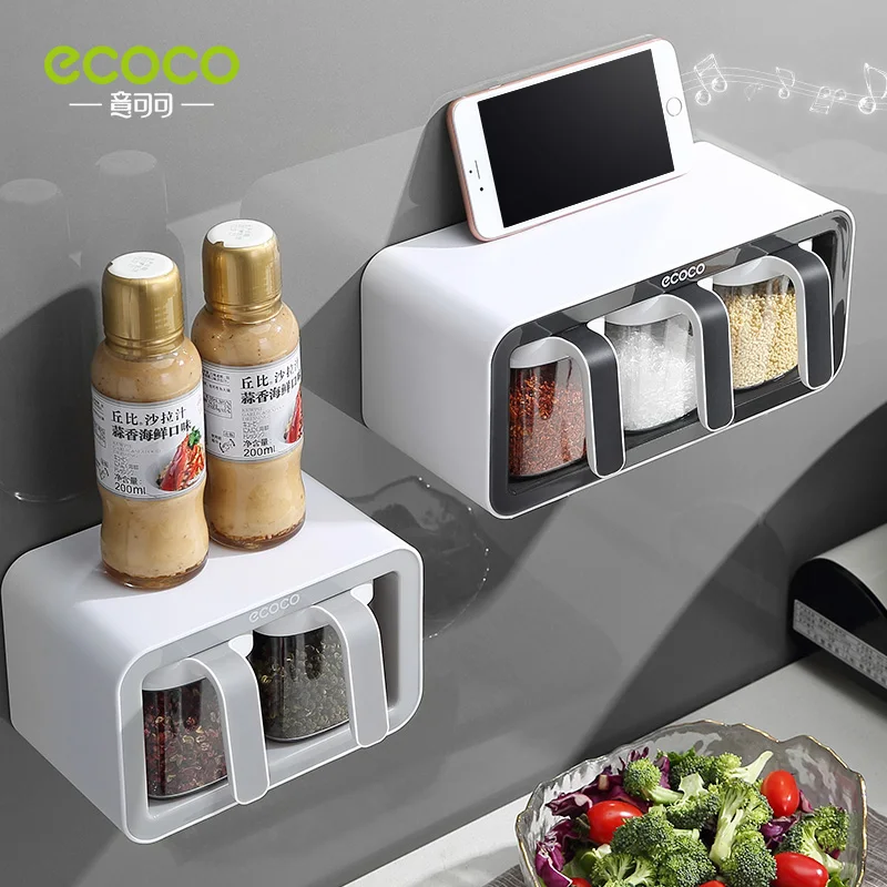 

ECOCO Wall Mount Spice Rack Organizer Sugar Bowl Salt Shaker Seasoning Container Spice Boxes With Spoons Kitchen Supplies Set