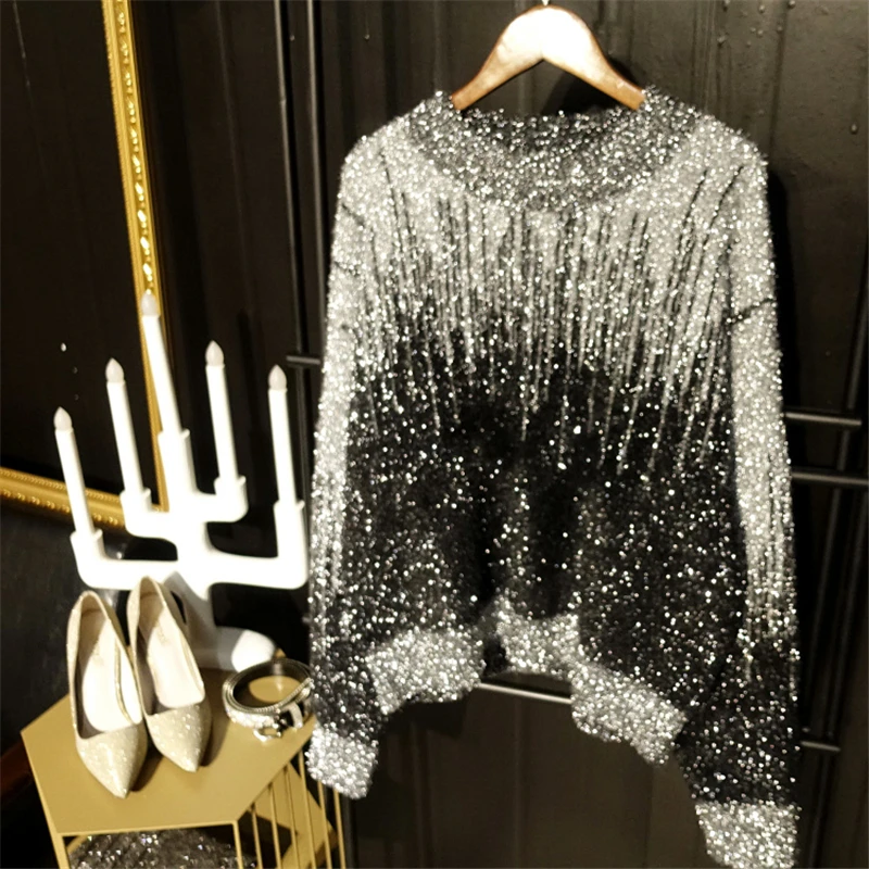 

Women Pullovers Sweater Sequins Loose Fashion Knitting Spring Autumn Long Sleeves Shining Tops Street Outerwear Gradient Jumper