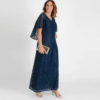 

Latest Exquisite Dark Blue Lace Mother of the Bride Dresses Deep V Neckline Half Sleeves Wedding Party Gowns Floor Length