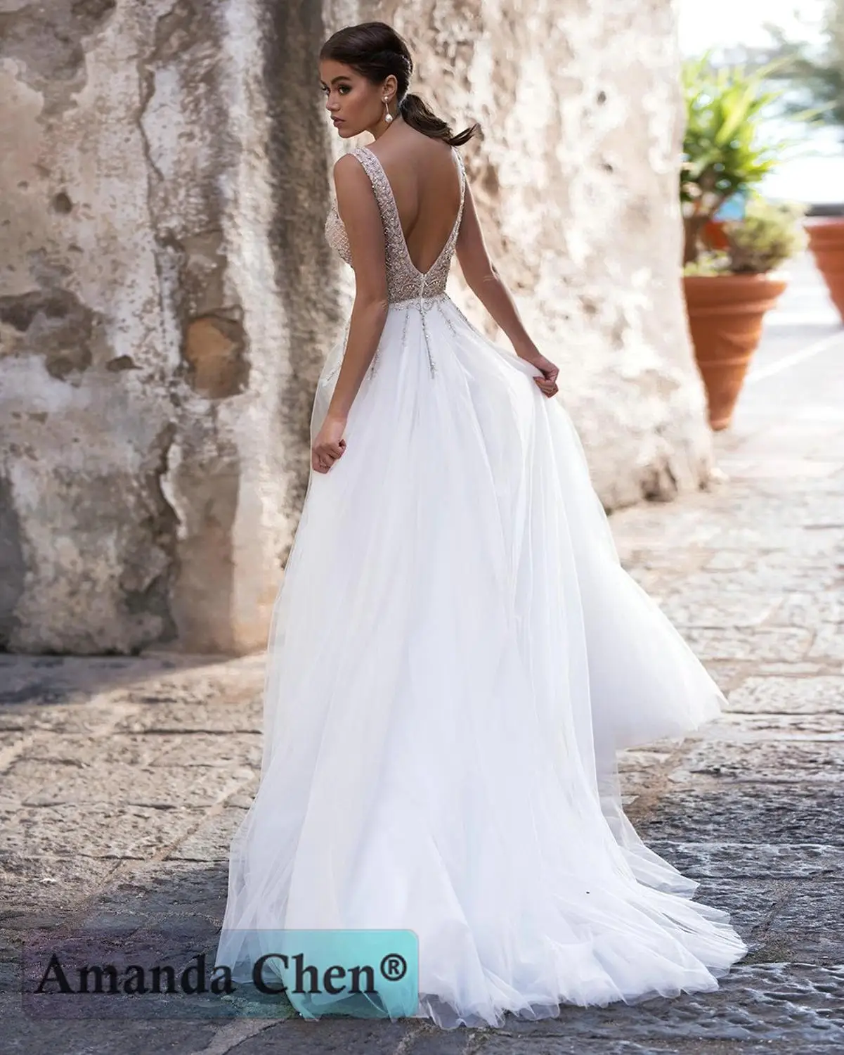 Hochzeitskleid Кепка рукав Кристалл бисер v-образным вырезом спинки Пляж повседневное свадебное платье