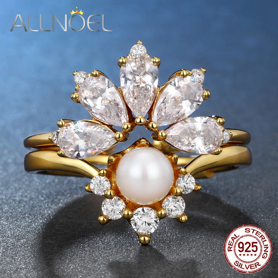 

ALLNOEL 9K Real Gold Plated 5A Zircon Pearl Ring Romantic Fairy Flower Wedding Fine Jewelry 925 Sterling Silver Stackable Rings