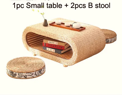 S table 2pcs B stool 1 шт стол+ 2 шт табурет пасторальный стиль овальной формы соломенный Плетеный чайный столик японский антикварный журнальный столик маленький чайный столик - Цвет: S table 2pcs B stool