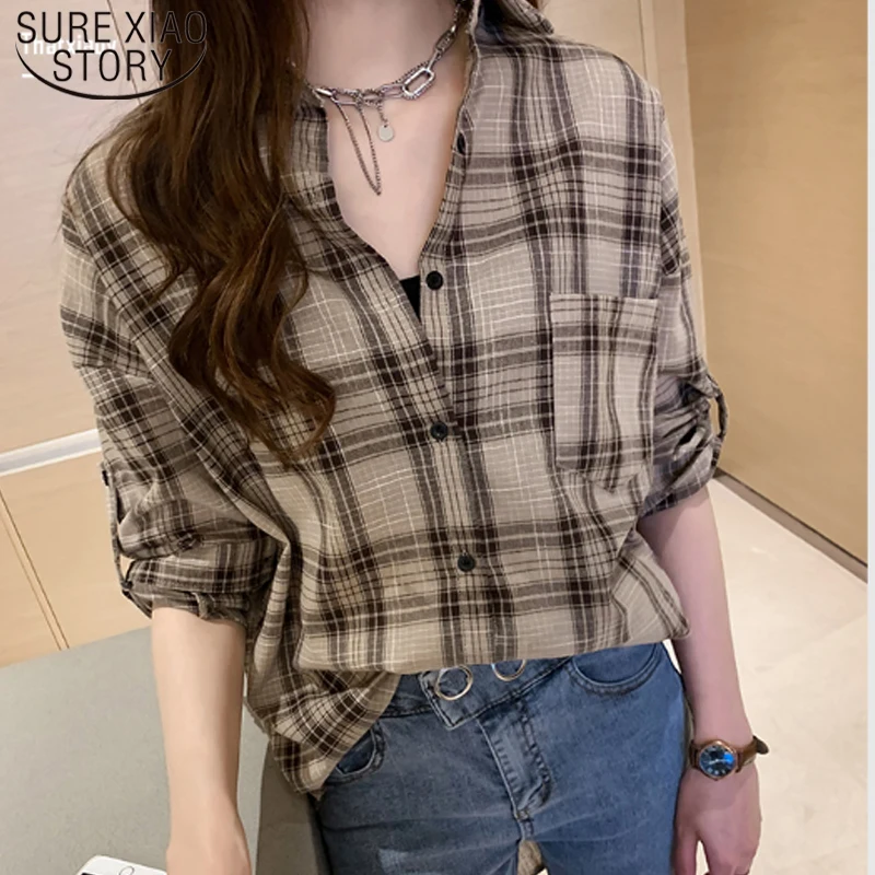 Повседневные женские рубашки, корейская модная одежда, blusas mujer de moda, свободные женские топы, офисные женские рубашки в клетку, женские 6858 50