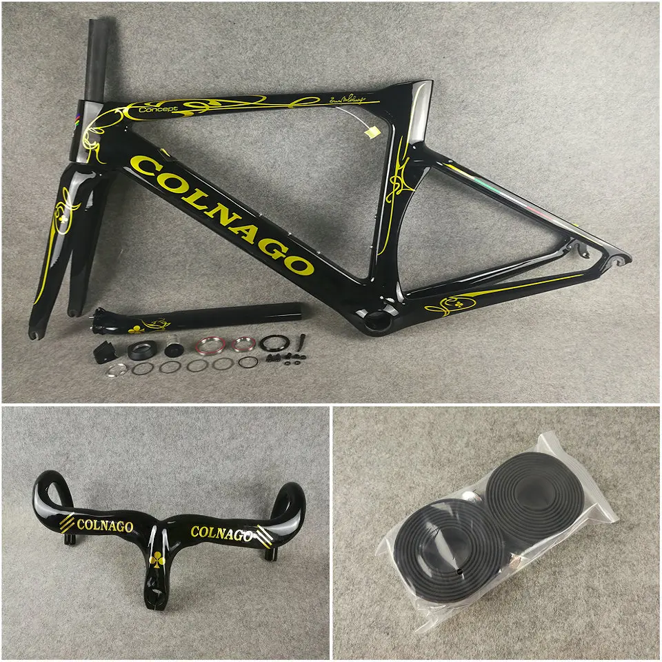 Черный глянцевый углеродный дорожный каркас Colnago Concept T1000 с золотым логотипом +