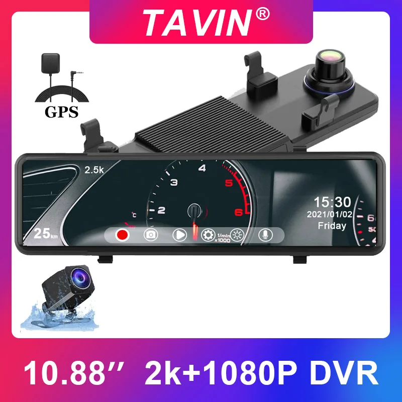 TAVIN 2K-Dash Cam Car dvr 10.88 inch Full HD Touch Screen Rearview Mirror 2560*1440P auto Video Recorder Dual Lens With GPS