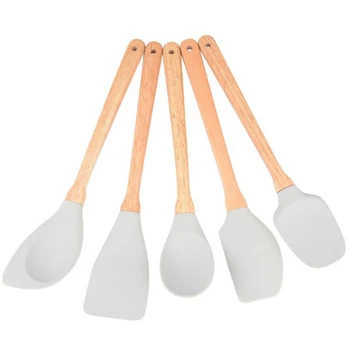 

5 Pieces / Tableware Light Gray Silicone Wooden Handle Cookware Spatula Spoon Kitchenware