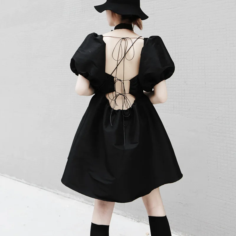 

Lolita Dress Kawaii Gothic Black Women Mini Dresses High Waist 2020 Summer Sexy Backless with Bandage Puff Sleeve Square Collar