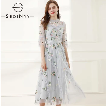 

SEQINYY Elegant Dress 2020 Summer Spring New Fashion Design Women Half Sleeve Embroidery Flowers Sequined Mesh Ruffle Midi Dress
