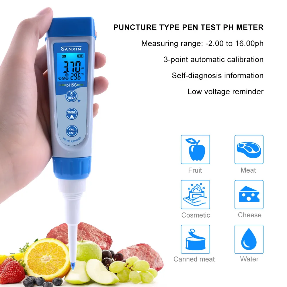 PH5S цифровой прокол Ручка Вода еда почва мясо сыра кислотность метр PH& ORP 2 в1 прибор для анализа качества воды-2,00~ 16,00 с ATC