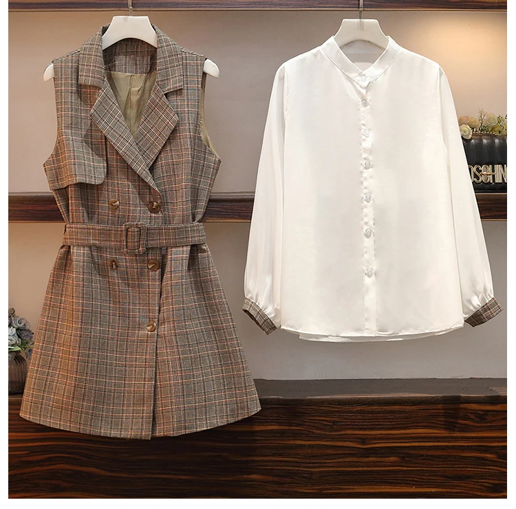 Trytree, Осенний Женский комплект из двух предметов, повседневный двубортный ремень, длинный клетчатый жилет+ блузка, белый офисный женский костюм, комплект из 2 предметов