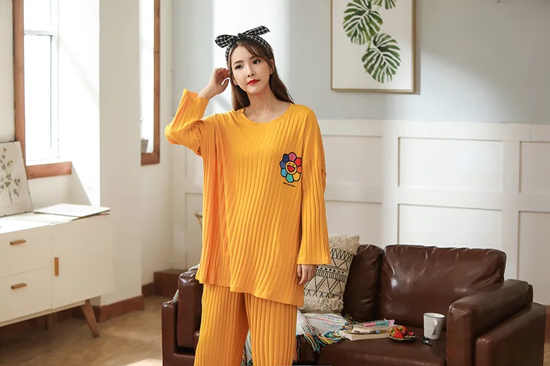 4xl 5xl Plus Size Pajamas Women Cotton Sleepwear Winter Pijama Women Round Neck Night Suit Solid Warm Pyjama Set Home Clothes
