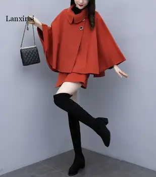 

2 Piece Set Women Poncho Coat Turndown Collar Double Breasted Contrast Belt Woolen Cape Coat with pants lanxirui