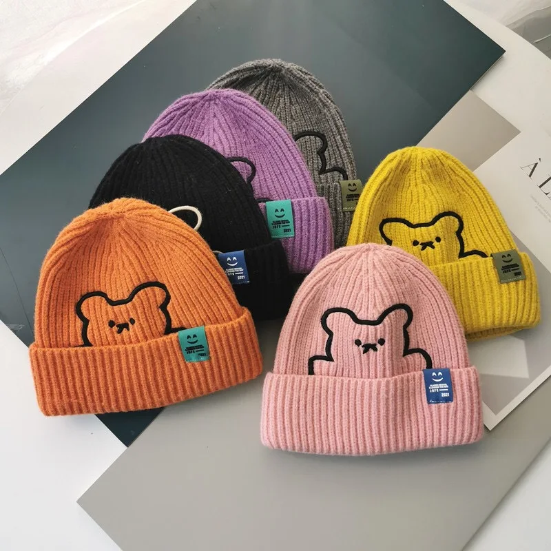 woolen cap for men Newest Winter Hats bear embroidery cute knitted hat Couple Cap Lady Thread Knitted Beanie Chapeau Female Bonnet шляпа женская timberland skully