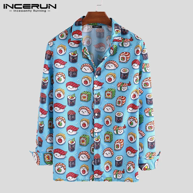 INCERUN/мужские рубашки с рисунком из мультфильма, Повседневная блуза с длинными рукавами и воротником с отворотами и пуговицами, модные забавные базовые рубашки для мужчин, шикарные рубашки Camisa