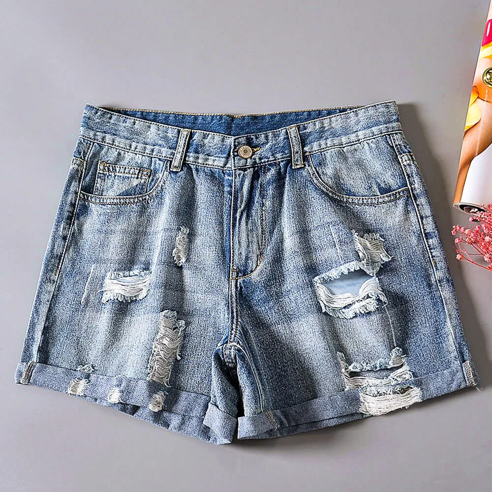 SEBOWEL Summer Vintage Faded Jeans Shorts Woman Female Rolled Cuff Distressed Denim Shorts Plus Size S-XXL Ladies Short Pants