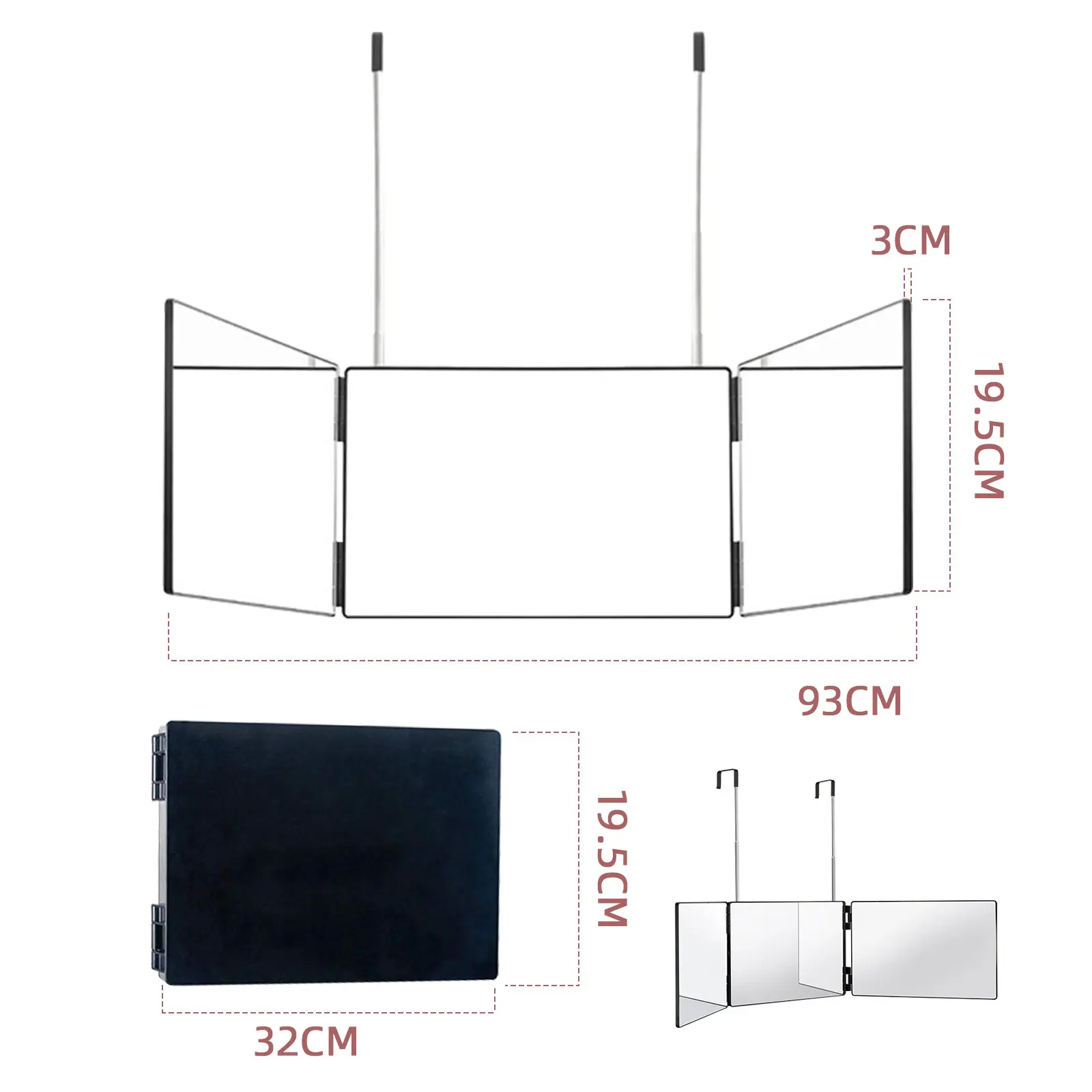 Portable Trifold Self Hair Cutting Makeup Mirror with Retractable Hanging Hook for Hair Styling Grooming Makeup Travel Home