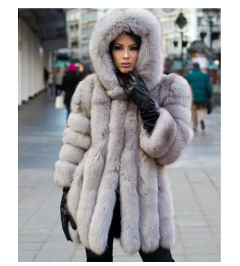 Light Grey Зимняя теплая женская куртка из натурального Лисьего меха с большим капюшоном,, натуральная Шуба из натурального Лисьего меха, роскошные меховые пальто, женская верхняя одежда - Цвет: Light Grey