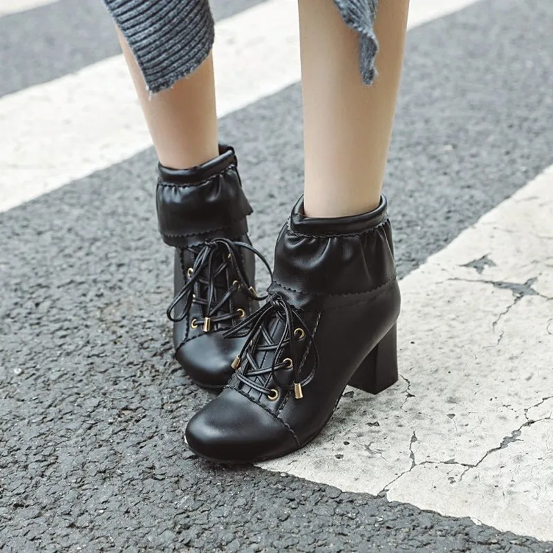 

US4-11 Womens Round Toe Lolita Lace Up Ruffles Ankle Boots Block Chunky Heel Sweet Side Zipper Shoes Plus Size 3Colors A1490