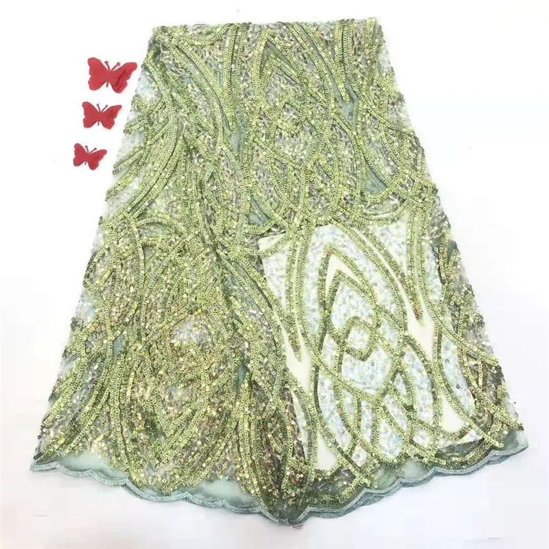 

2020 Latest African Lace Fabric High Quality French Net Embroidery Green Sequins Tulle Lace Fabric For Nigerian Party Dress