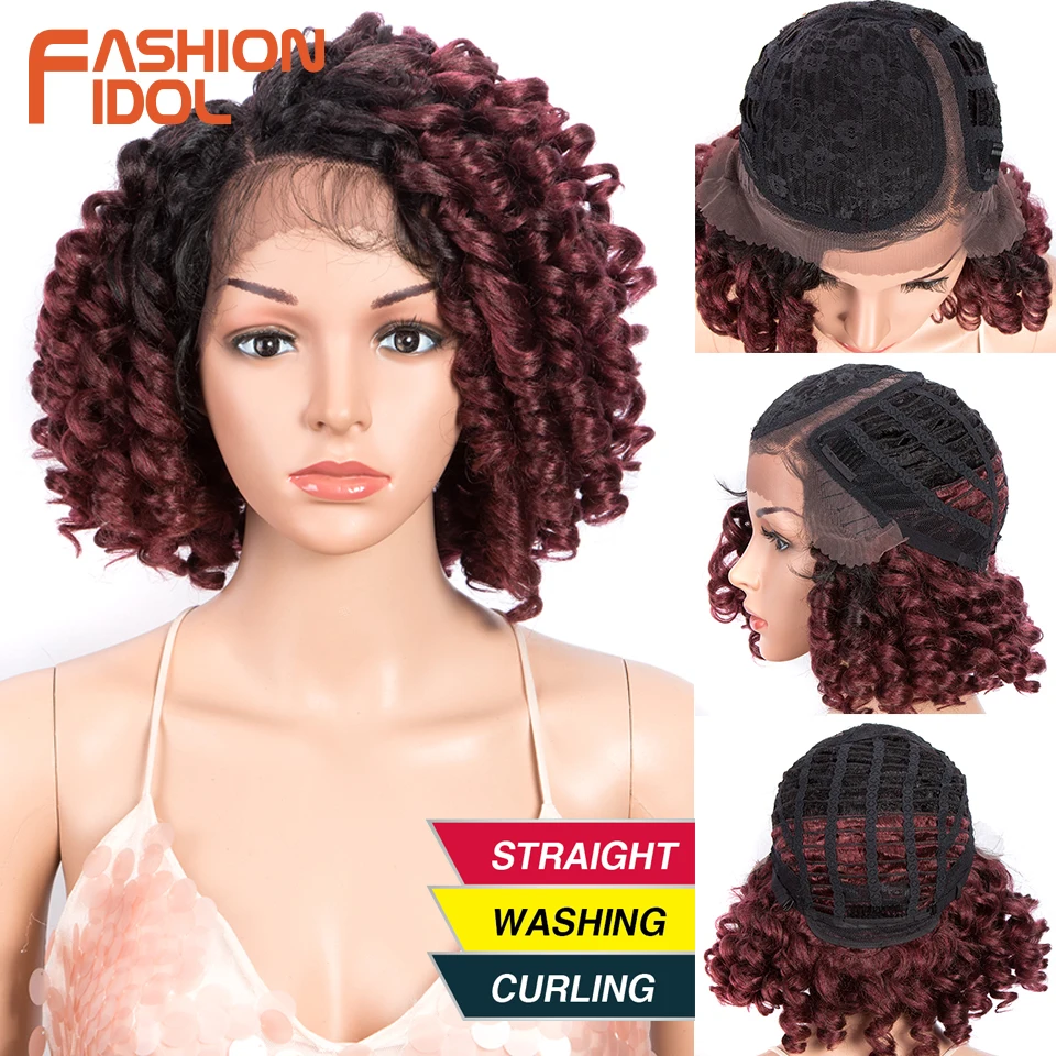 Photo Product FASHION IDOL 14Inch Short Bob Hair Deep Curly Hair Lace Wigs Cosplay Synthetic Wig Ombre Burgundy Baby Hair Wigs For Black Women