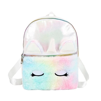 

2020 New Fashion Cute Women Girls Mini Faux PU Leather Backpack Cartoon Plush Patchwork Rucksack School Bag Travel Handbag