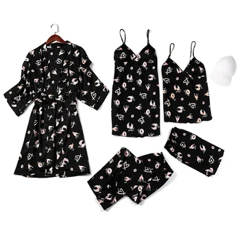 

Fashion Pajama Sets Print For Women Satin Sleepwear Spring Autumn Long Sleeve Pijama 5 Pieces Casual Pyjamas