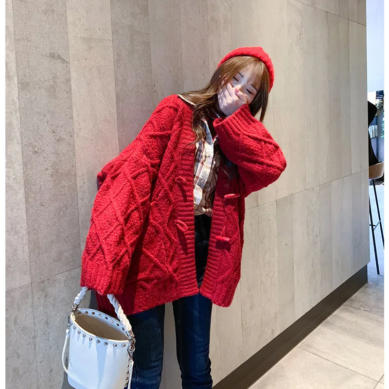 

2019 Spring New Style Loose-Fit Rhombus Chunky Yarn Knitted Cardigan Fashion Toggle Laziness-Style Sweater Coat Women's